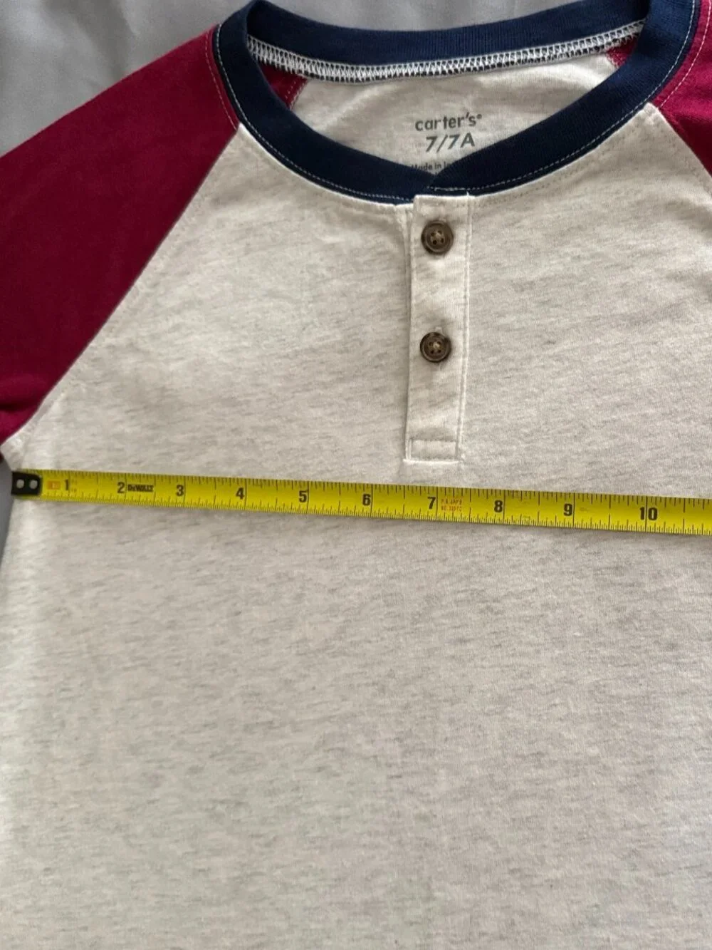 Boys Carter`s Ragalan Henley Shirt in Crem and Burgundy with navy size 7